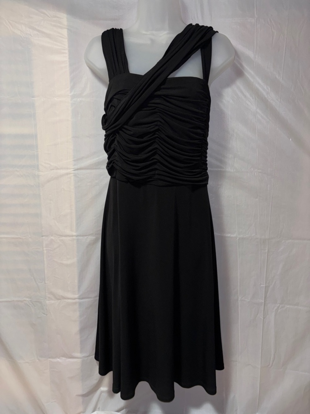 Avenue Black Ruched Midi Dress, top fitted bottom is flared very comfortable fit